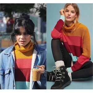 FARM RIO 90s Colorblock Stripe Chunky Knit Cropped Oversize Turtleneck Sweater S